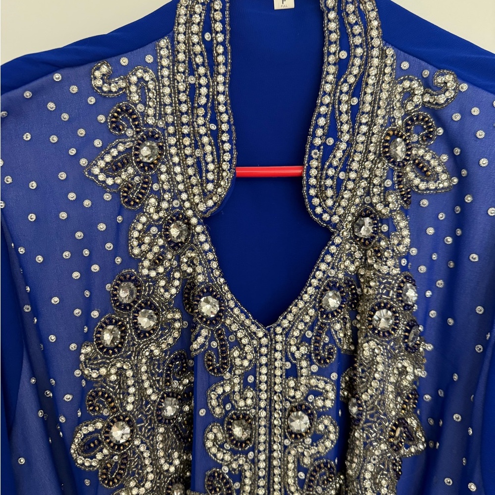 Embellished Royal Blue Evening Kaftan Dress with Beaded Detail - Picture 4 of 6